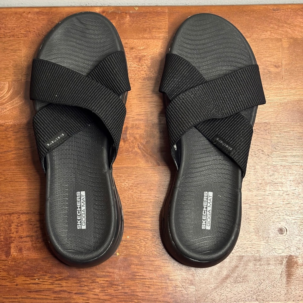 Skechers Black Goga Mat Cross Sporty Slide Sandals Women Size 8